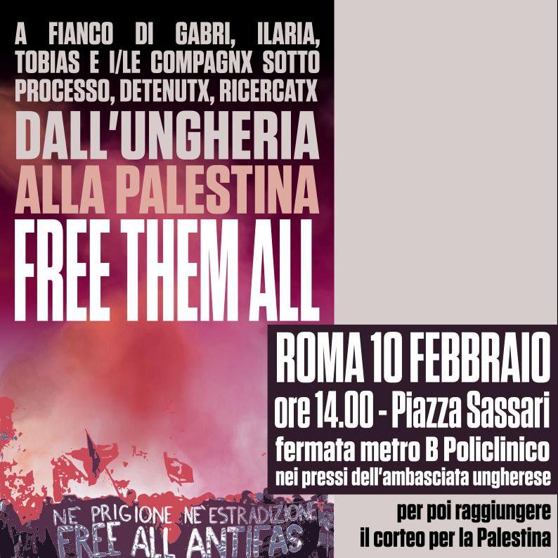 10 FEBBRAIO MANIFESTAZIONE A ROMA – DALL’UNGHERIA ALLA PALESTINA: FREE THEM ALL
