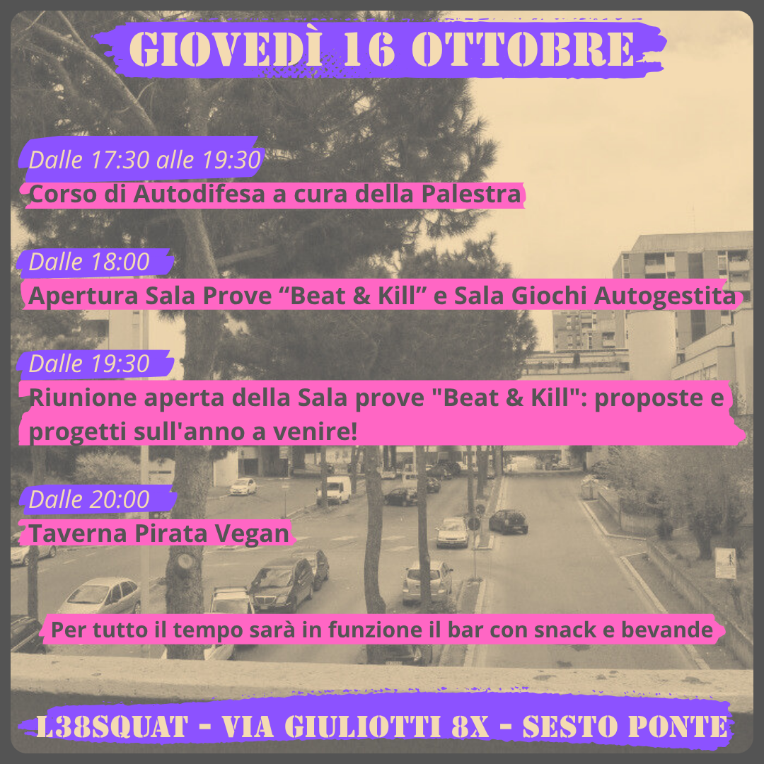 Giovedì 16 Ottobre – Assemblea pubblica per organizzare i corsi e le attività della sala prove, corso di autodifesa, sala giochi autogestita e taverna pirata vegan